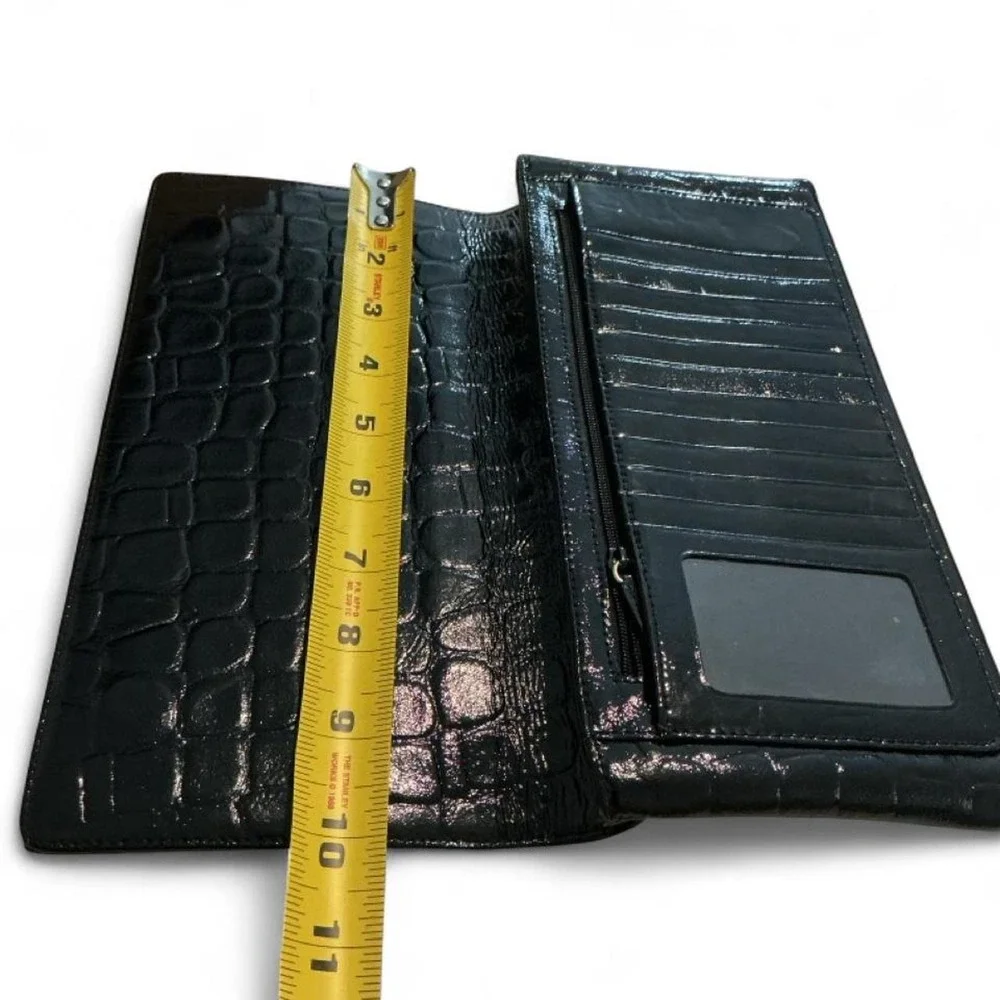 Nordstrom Wallet Women OS Black Excellent Croc Embossed Leather Patent Long